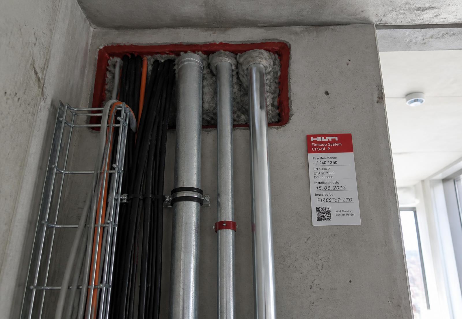 Service riser with fire-stopped cable and pipe penetrations through a compartment wall